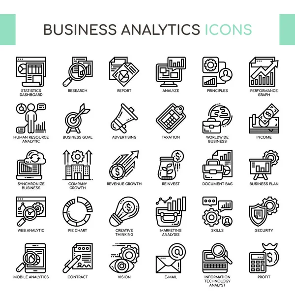 Analítica de negocios, línea delgada y píxeles iconos perfectos — Archivo Imágenes Vectoriales