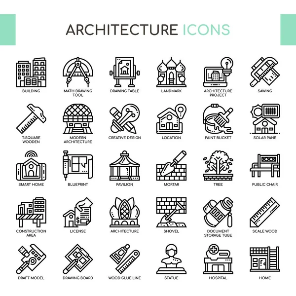 Iconos perfectos de arquitectura, línea delgada y píxeles — Archivo Imágenes Vectoriales