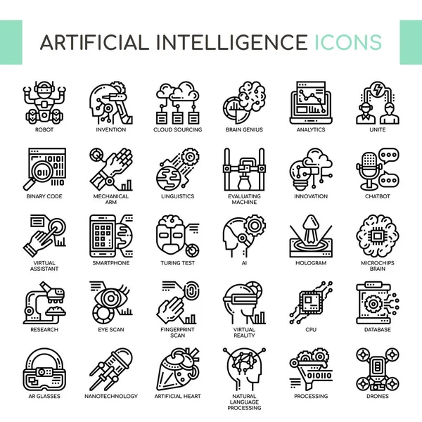 Artificiell intelligens, tunn linje och Pixel perfekta ikoner — Stock vektor