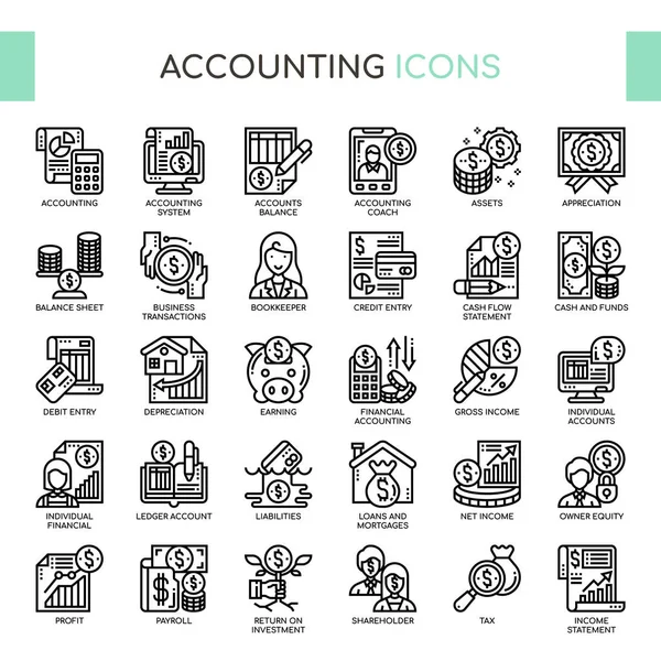 Comptabilité, ligne mince et icônes Pixel Perfect — Image vectorielle