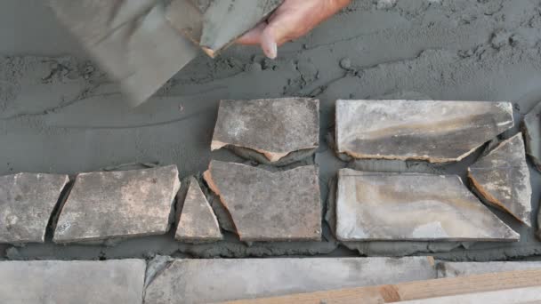 Old Tiles Recycling Terrace Pavement Making Using Tile Pieces Mortar — Stock Video