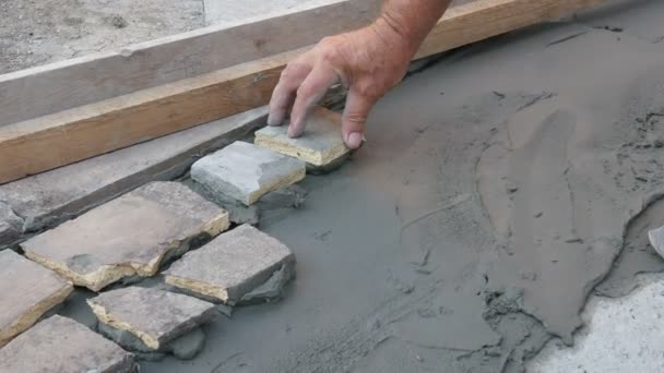 Old Tiles Recycling Terrace Pavement Making Using Tile Pieces Mortar — Stock Video