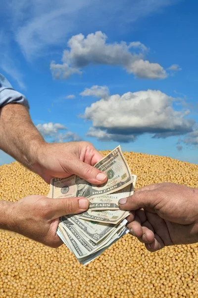 农夫和买方的手里拿着美元钞票与大豆作物在背景中 — 图库照片
