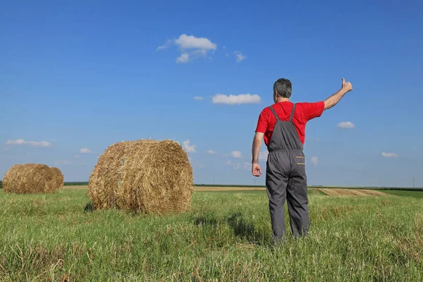 Bonde Fält Med Bale Gestikulerande Tummen Upp — Stockfoto