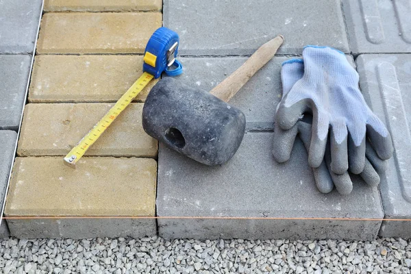 Mason Tools Curb Stone Brick Installing Rubber Hammer Meter Gloves — Stock Photo, Image