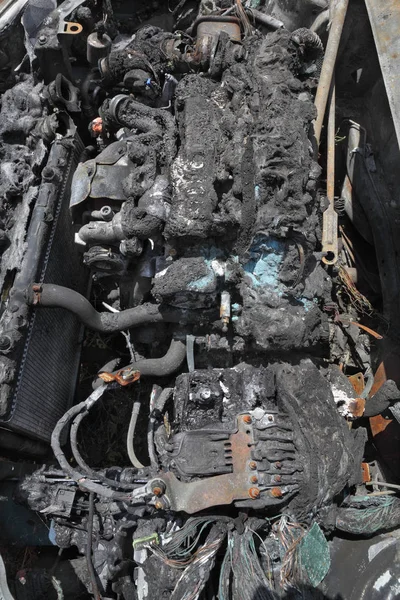 Burned Damaged Car Engine Fire Accident — Stock Photo, Image