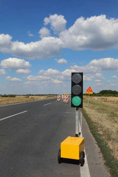 Roadworks Traffic Light Road Signs Highway Reconstruction Blue Sky Clouds — Stock Photo, Image