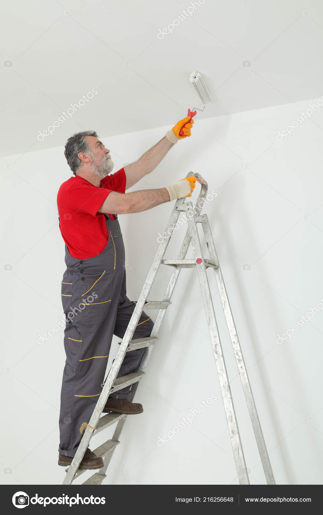 Worker Painting Ceiling Paint Roller Ladder Stock Photo