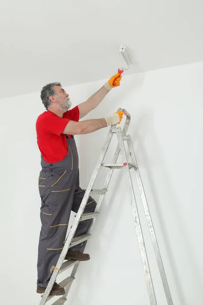 Werknemer Schilderij Plafond Met Verfroller Van Ladder — Stockfoto