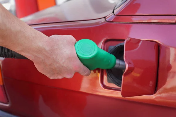 Filling Fuel Petrol Station Closeup Workers Hand — Stock Photo, Image