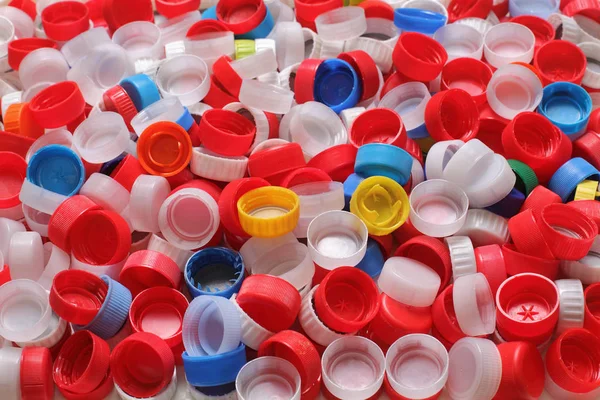 Geri Dönüşüm Için Renkli Plastik Şişe Kapakları Yığını — Stok fotoğraf