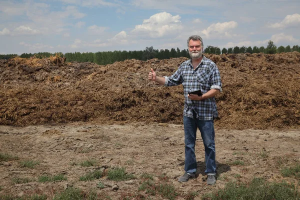 Farmer Agronomist Examining Heap Cow Dung Field Gesturing Using Tablet — Stock Photo, Image