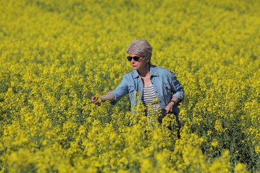 Kadın ziraat mühendisi veya çiçek açması kanola alan, kolza tohumu bitki erken baharda inceleyerek çiftçi