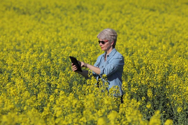 Agronome Agricultrice Examinant Champ Canola Fleurs Aide Comprimé Une Plante — Photo