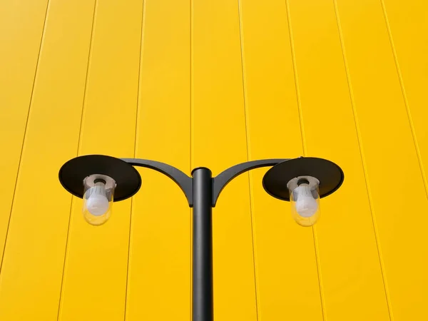 New Black Led Streetlight Bright Yellow Wall Background — Stock Photo, Image