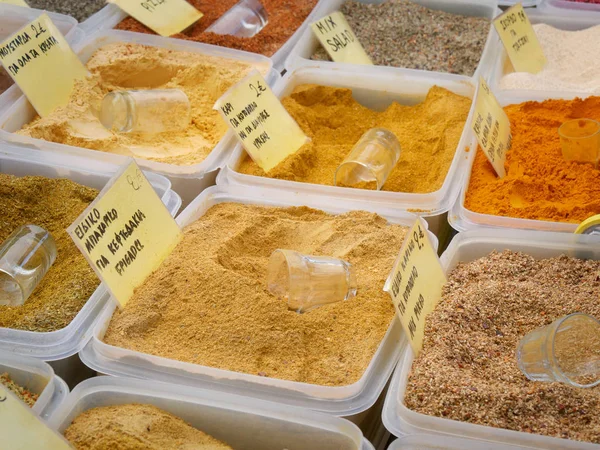 Viele Verschiedene Bio Gewürze Schachteln Pinga Mischung Paprika Curry Salatmischung — Stockfoto
