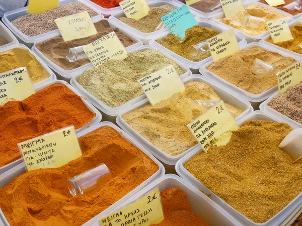 Lot Different Organic Spices Boxes Pinga Mix Paprika Milled Kumin — Stock Photo, Image