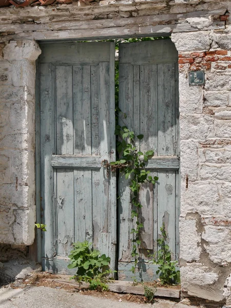 Puerta Verde Madera Vintage Vieja Pared Casa Litochoro Grecia Región — Foto de Stock