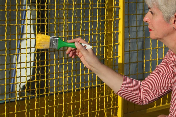 Female Worker Painting Metal Security Window Netting Yellow Color — Stock Photo, Image