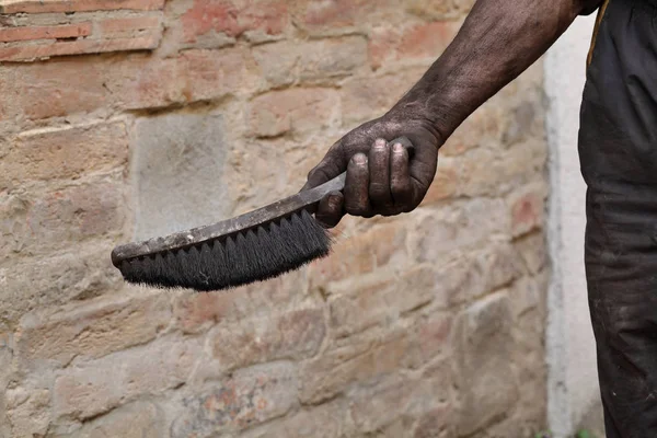 Closeup Chimney Sweeper Hand Holding Brush Dirty Char — Stock Photo, Image