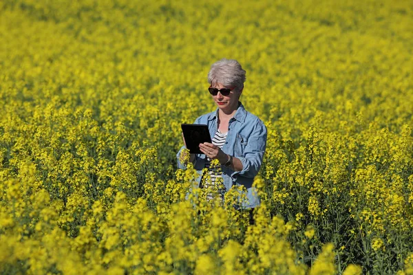 Female Farmer Agronomist Inspecting Quality Canola Field Early Spring Using — Stock Photo, Image