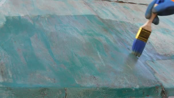 Worker Applying Rust Converter Old Metal Plate Closeup Hand Brush — 비디오