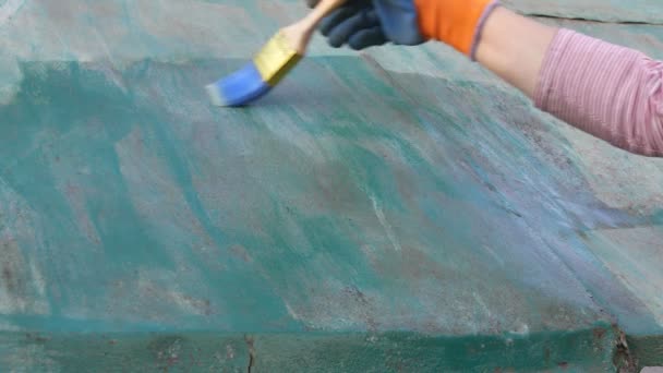 Worker Applying Rust Converter Old Metal Plate Closeup Hand Brush — 비디오