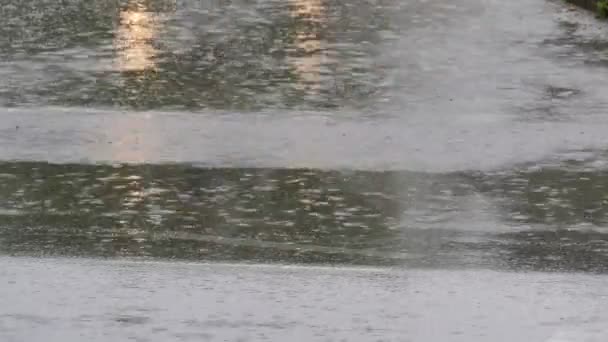 Deszcz Spada Mokrą Asfaltową Drogę Odbicie Świateł Samochodowych Które Mijają — Wideo stockowe