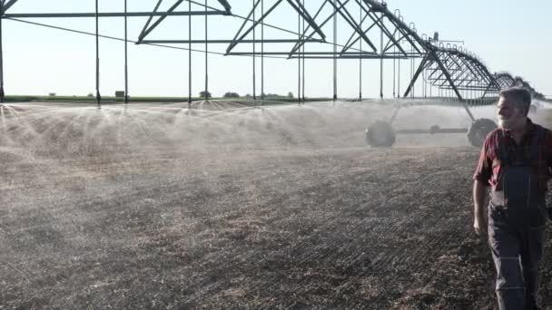 Agriculture Farmer Walking Inspecting Field Irrigation System Using Tablet — Stock Video