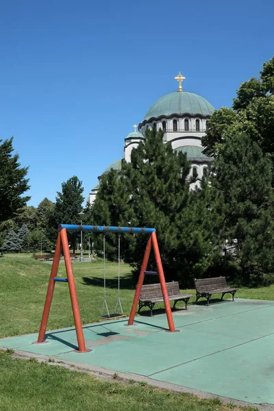 Belgrade Serbia May 2020 Empty Children Playground Saint Sava Church — Stock Photo, Image