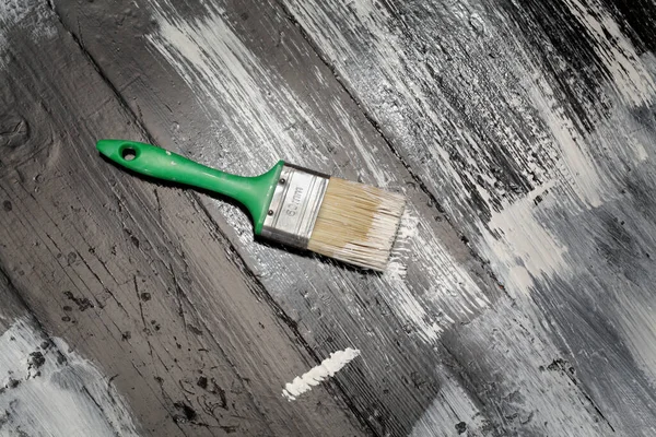 Home Renovation Plank Floor Painting White Black Using Paintbrush Shabby — Stock Photo, Image