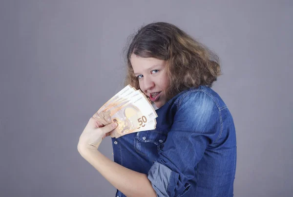 Happy Teens Girl Holds Her Hand Euro Getting Money Education — Stock Photo, Image