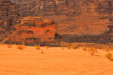 Wadi Rum. Ürdün. Ortadoğu'nun en güzel yer. Kayalık çöl fantastik renkleri. 