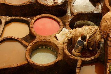 Çalışkan adam. Eski tanklar için deri renk boya ile. Fes, Morocco