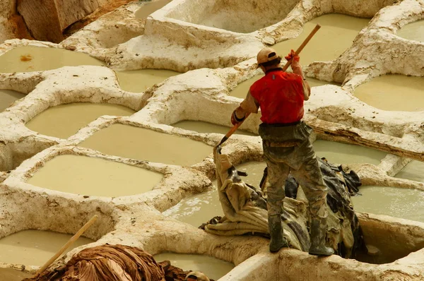 Travailleur Acharné Vieux Réservoirs Avec Peinture Couleur Pour Cuir Fès — Photo