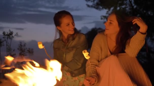 Twee jonge Kaukasische meisjes zitten door brand in de avond in de natuur, voorbereiding van een marshmelow, open haard te kijken, denken — Stockvideo