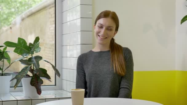 Молодая очаровательная женщина с хвостиком сидит в кафе и смотрит в камеру, держась за руки, улыбаясь — стоковое видео
