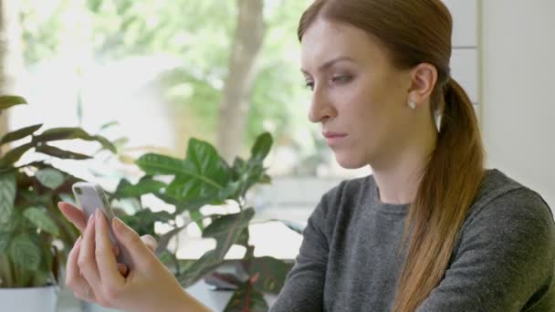 Jonge mooie vrouw met een paardenstaart zitten in Cafe, houden van de telefoon en denken, bepaald en betrokken — Stockvideo