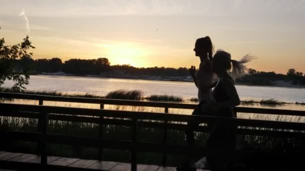 Дві молоді жінки з хвостами бігають в парку біля річки під час заходу сонця, красивий вид, втрата ваги, моделі фітнесу бігу — стокове відео