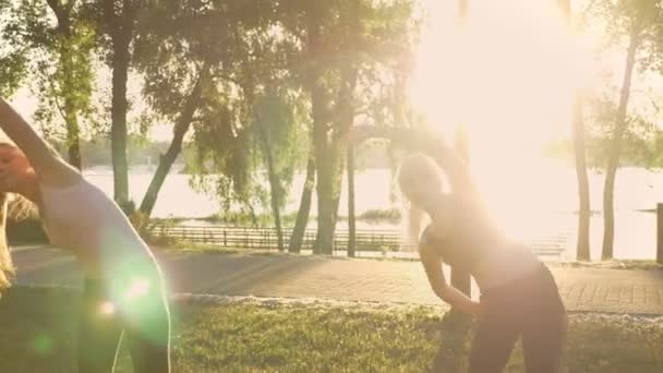 Két fiatal womans csinálás levegőigényes parkban, fogyás, fitness-modellek gyakorlása, a naplemente és a természet háttér — Stock videók
