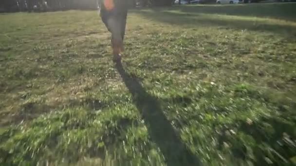 Silhueta de jovem extraordinária menina ousada feliz está correndo no gramado no parque à luz do dia, no verão, estilo de vida heathy — Vídeo de Stock