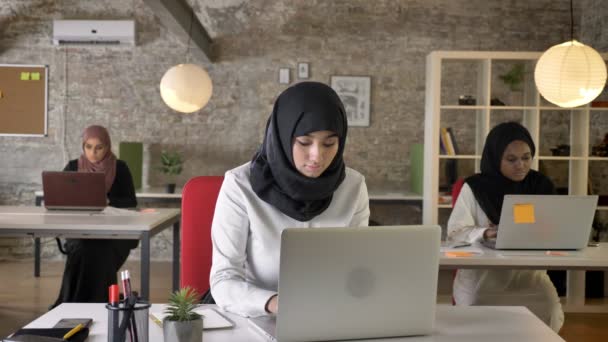 Три молодые мусульманки в хиджабе сидят и работают в современном офисе, красивая работница печатает на ноутбуке, сконцентрирована — стоковое видео