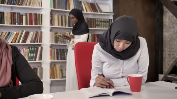 Jovens mulheres muçulmanas no hijab estudando na biblioteca, lendo e se preparando para o exame, prateleiras com livros de fundo, estudantes islâmicos — Vídeo de Stock