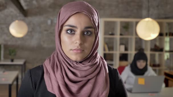 Doğruca kameraya, ciddi, modern ofisinde çalışan iki güzel bayan arıyorum hijab genç Müslüman kadın portresi — Stok video
