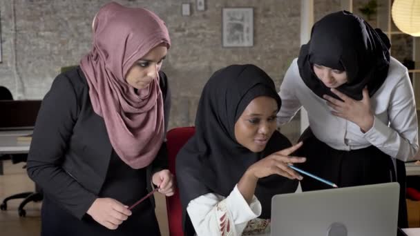 Jovens mulheres muçulmanas negras no hijab conversando com colegas sobre projeto sobre laptop no escritório moderno — Vídeo de Stock