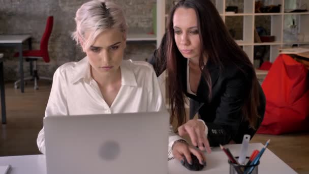 Joven mujer de negocios coqueteando con su trabajadora en la oficina moderna, mujer molesta por el acoso de lesbianas — Vídeos de Stock