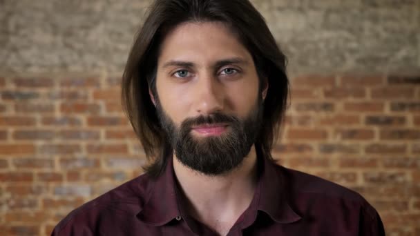 Jeune homme brune agréable avec barbe regarde à la caméra, fond de brique — Video