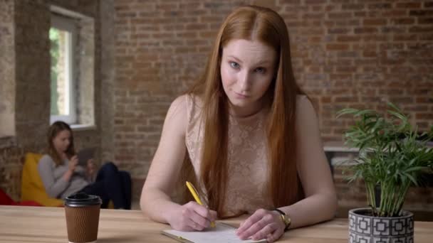 Jeune fille gingembre mignon prend des notes au bureau, regarder à la caméra, concept de travail, concept de communication — Video