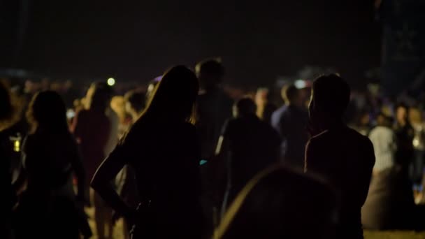 Silhueta de mulher e homem em pé na multidão e esperando à noite — Vídeo de Stock
