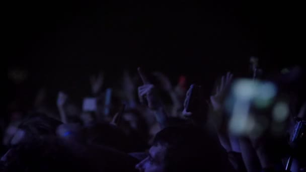 Dav, zvyšování jejich ruce a fandění na rockový koncert v noci — Stock video